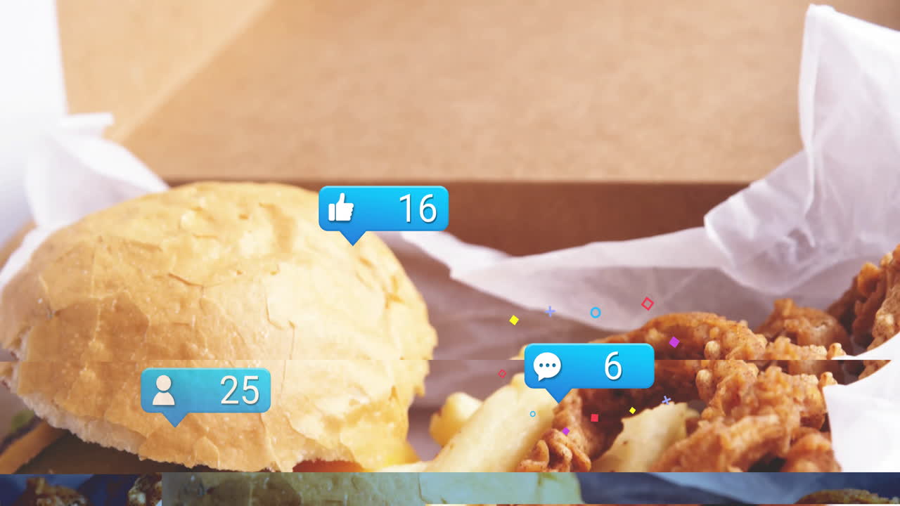 Burger and fries with animation of social media like and comment icons