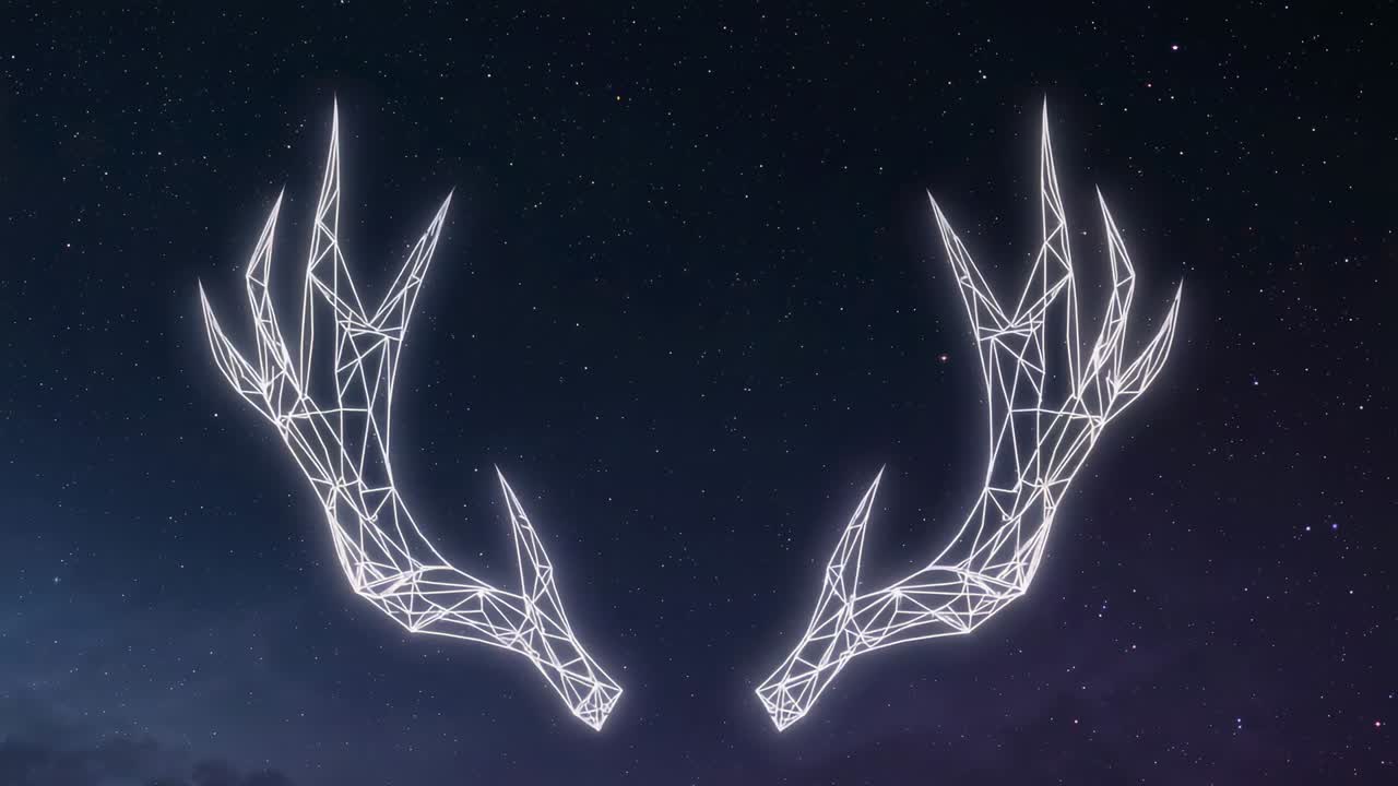 Sequence starting mirrored wireframe antlers pulsing and shifting over star field, left cloud bank