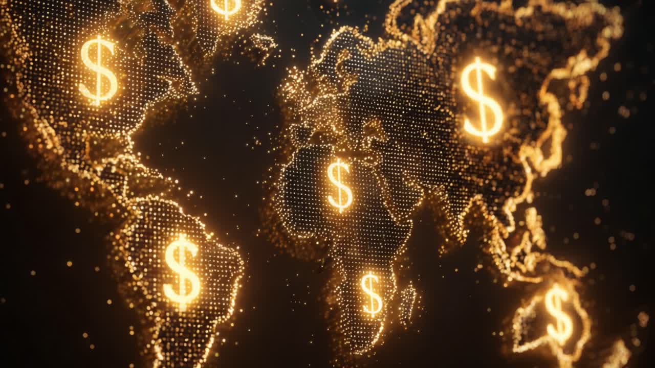 Illuminated World Map with Dollar Symbols Representing Global Finance and Wealth Distribution in a Digital Environment
