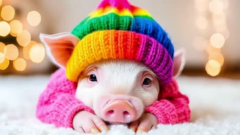 un pequeño cerdo con un sombrero colorido sobre una manta blanca