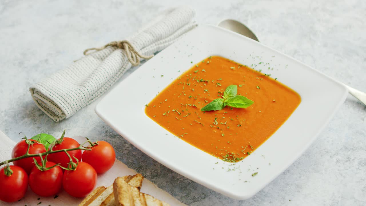 sopa de tomate servida con pan crujiente