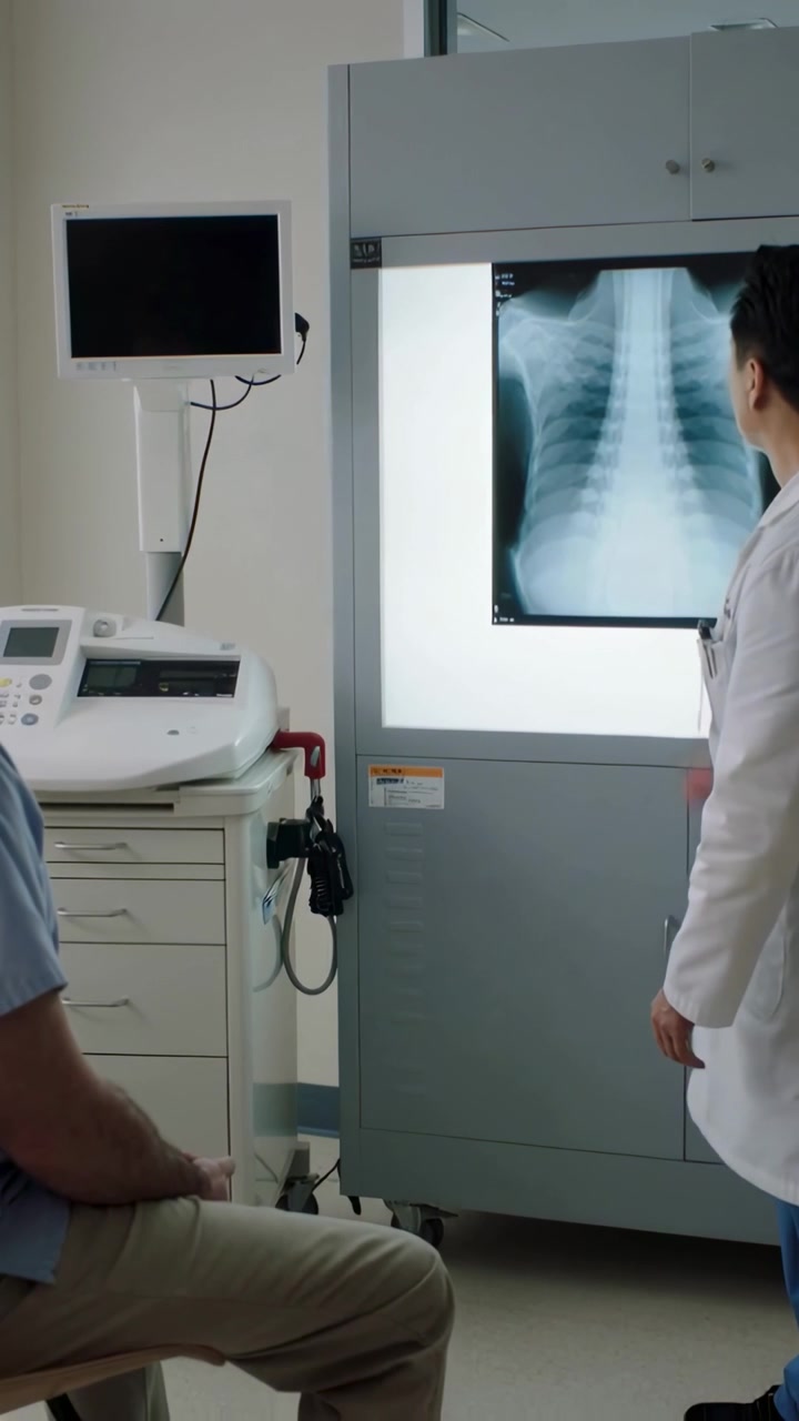 Vertical video: Reviewing chest X-ray in clinic, Dr in lab coat pointing and explaining to patient