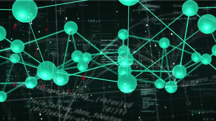 Rete di dati connessa che ruota con spostamento della telecamera, pulsando e accentuando i nodi per mostrare il flusso di dati