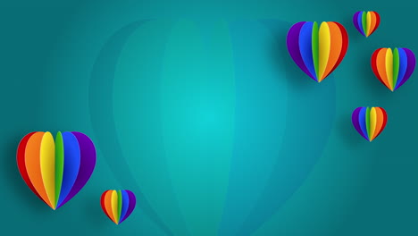 balloons in form of paper hearts of rainbow colors, symbols of love of lgbt community on blue background. festive animated screensaver.