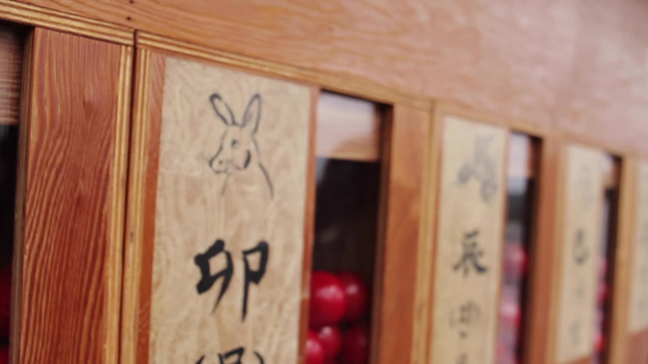 Ornamental Wooden Cabinet with Rabbit Design and Calligraphy