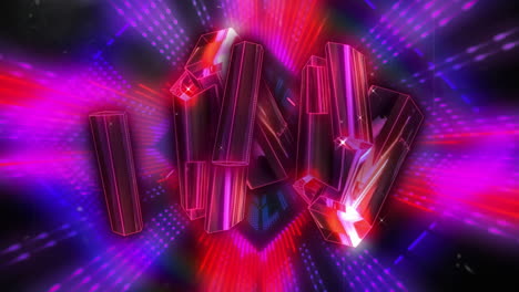 rotating neon crystals with colorful light beams and reflections animation