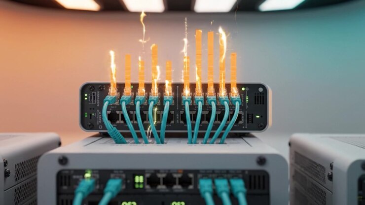 High-Tech Network Equipment with Glowing Connections and Dynamic Data Flow Representing Modern Communication and Data Transfer Technology Advances