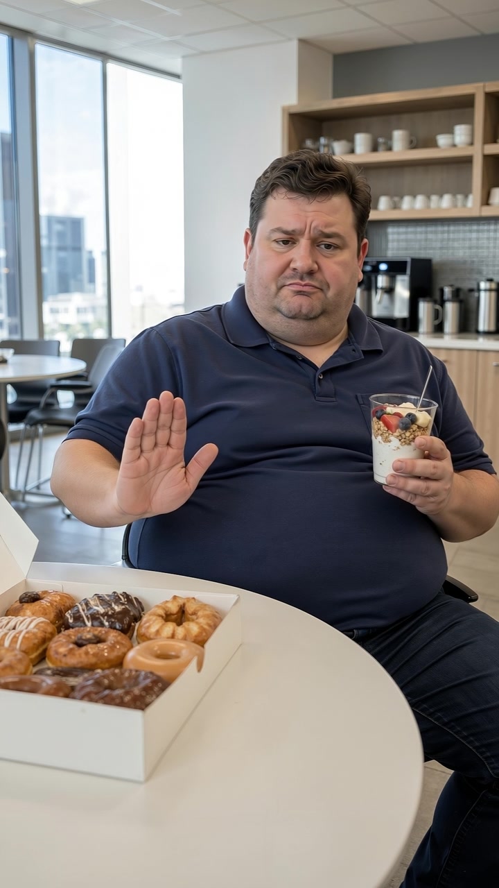 Uomo maturo che rifiuta una scatola di ciambelle zuccherate mentre tiene in mano uno snack salutare allo yogurt.