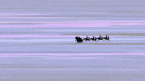 snow falling on santa claus in sleigh being pulled by reindeers against purple light trails