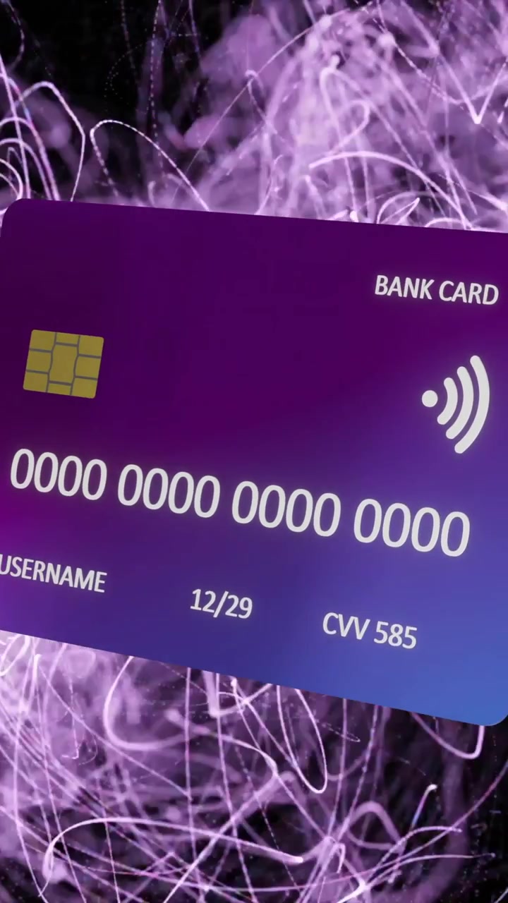 Animation of credit card with data over glowing lights background