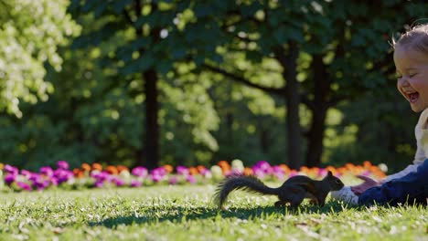little girl and squirrel in the park