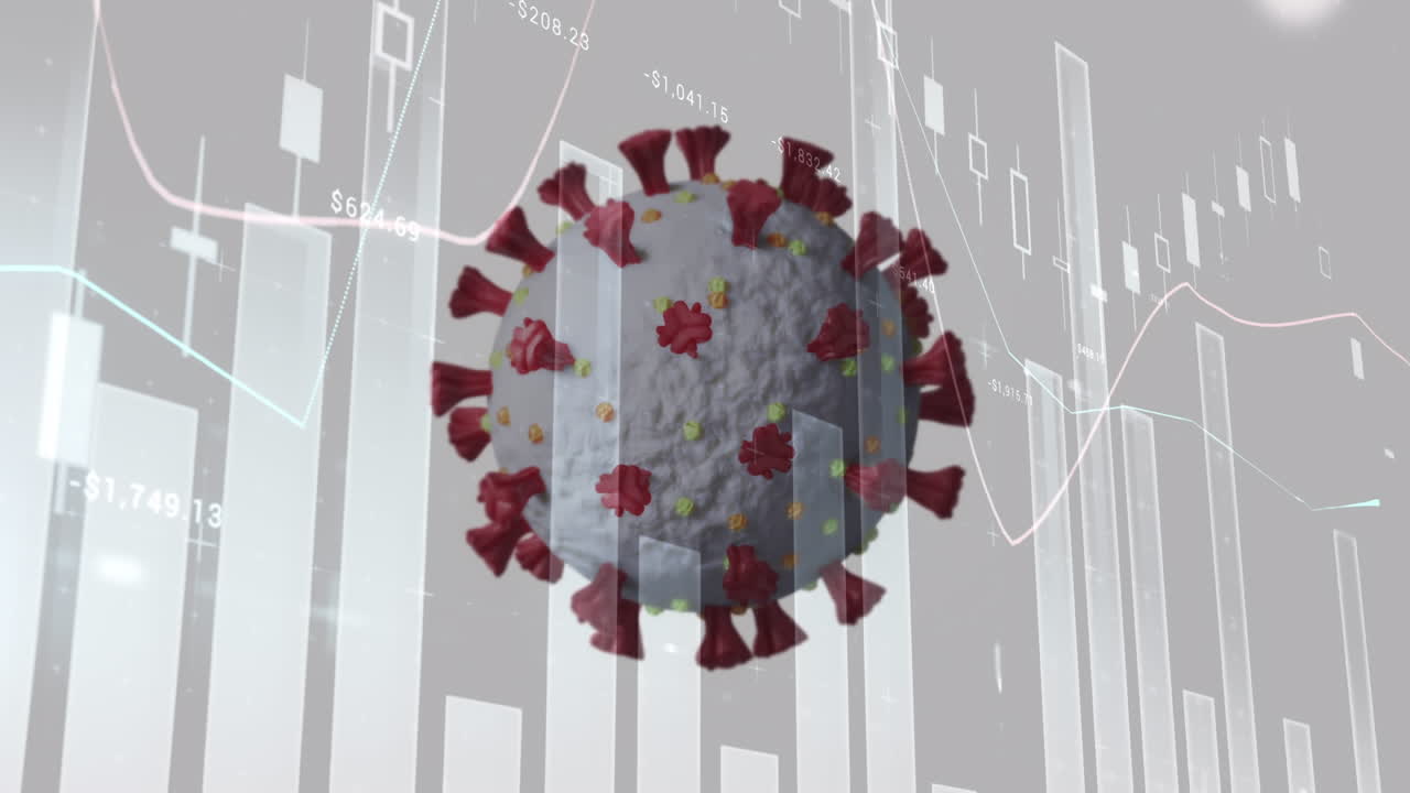animación de la célula de covid 19 sobre estadísticas y procesamiento de datos