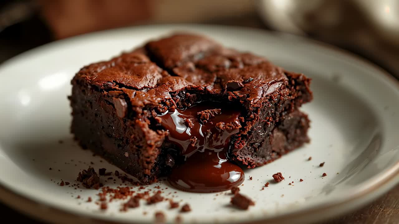 Brownie quadrato che rilascia cioccolato fuso su un piatto bianco, visto dall'alto da una fessura centrale