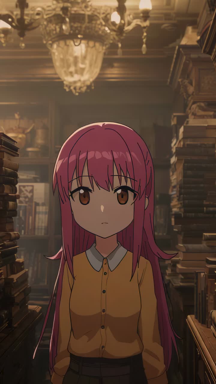 Vertical video: Zooming cam pink hair girl blinking shifting in shelves mustard top revealing face