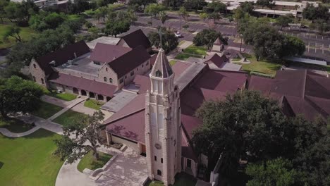 AERIAL---Church-tower,-clock-tower,-McAllen,-Texas,-United-States,-forward