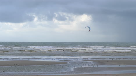 lonely kitesurfer kitesurfing at stormy sea, tracking shot from beach