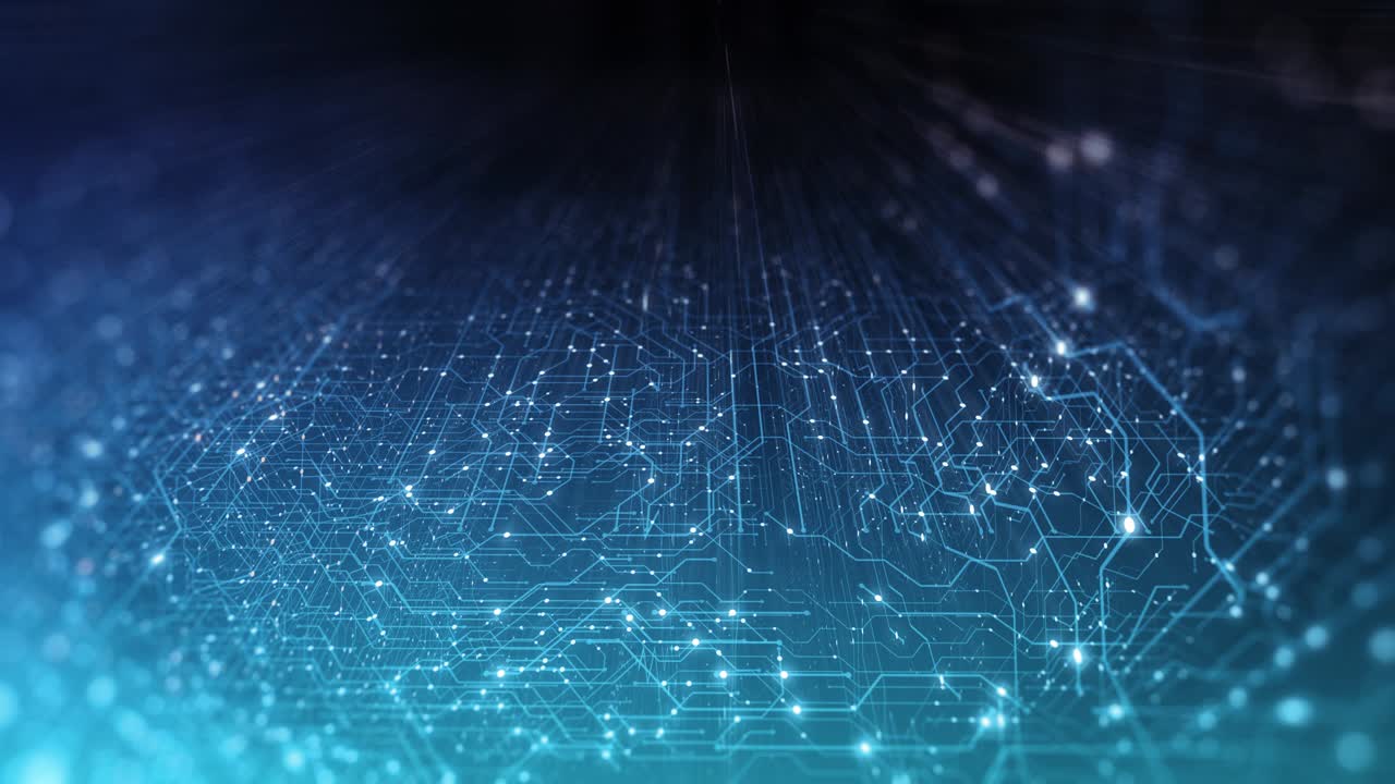 Abstract Circuit board. Electronic computer hardware technology. Motherboard digital chip. Matrix particles grid virtual reality. Network communication. Information CPU. 3D render, 4K seamless loop