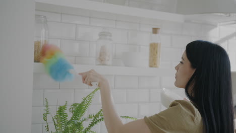 woman cleaning kitchen shelves