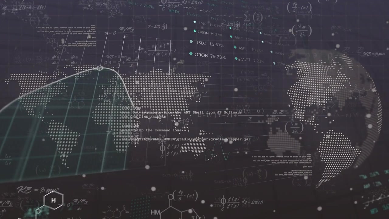 Derivative formula fading overlays world map curved line arcing over globe and percentages updating