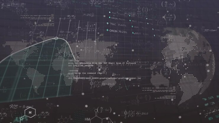 Derivative formula fading overlays world map curved line arcing over globe and percentages updating