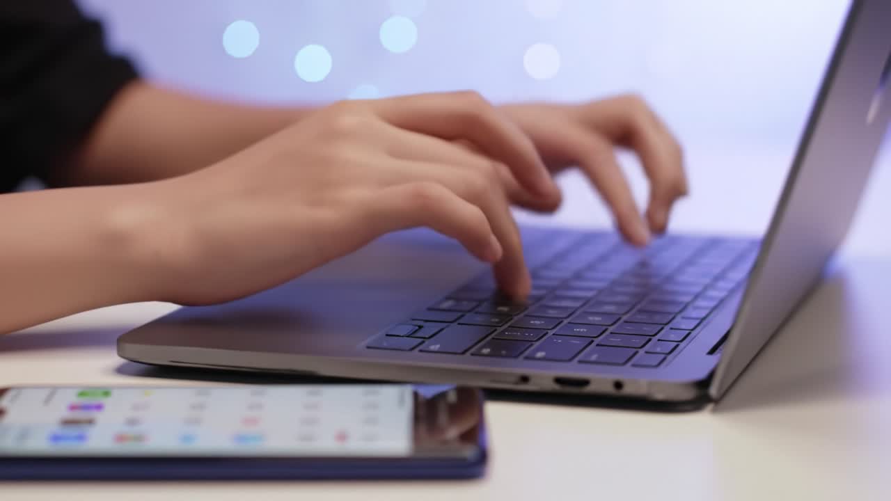 A Close-Up View of Hands Typing on a Laptop Keyboard While a Smartphone Sits Nearby, Surrounded by a Soft Blue Light, Perfect for Illustrating Modern Technology Use