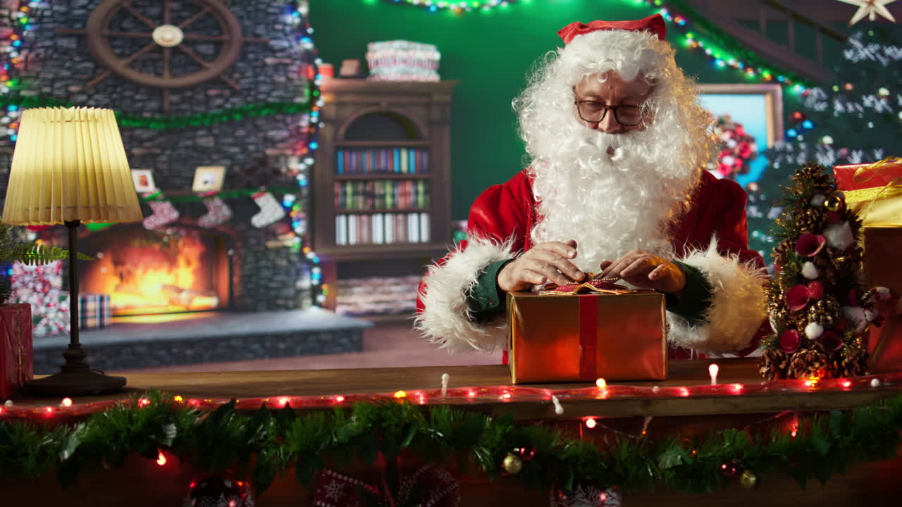 Santa Claus wrapping gifts in a festive Christmas setting