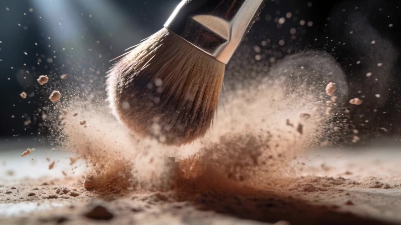 Pressing kabuki brush striking loose powder on studio tabletop, picking up pigment for makeup