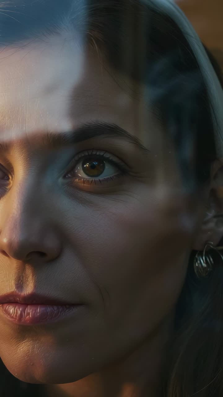 Vertical video: Reacting woman moving gaze in car mirror as lights pass, hoops glinting, copy space