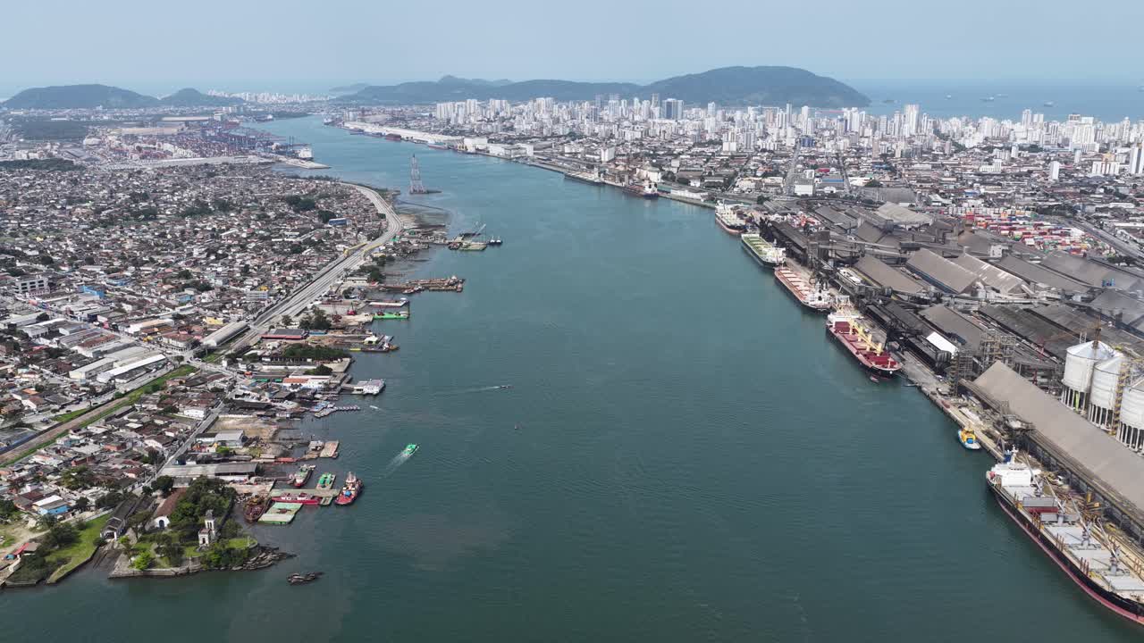 Port Of Santos At Santos In Sao Paulo Brazil. Maritime Transportation Scenery. Cargo Ship. Maritime Transportation. Port Of Santos At Santos. Freight Ship Scene