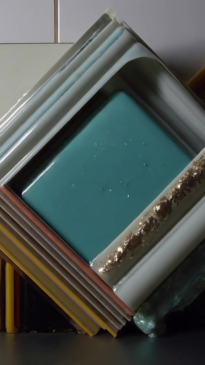 Video verticale: Piatto rotante color verde acqua su aste incrociate che sposta piatti impilati in una pila a forma di diamante su un tavolo.
