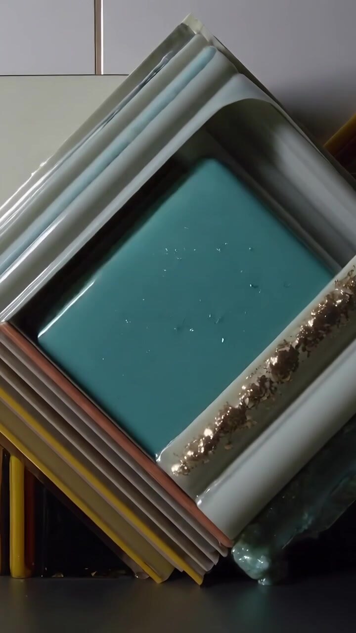 Video verticale: Piatto rotante color verde acqua su aste incrociate che sposta piatti impilati in una pila a forma di diamante su un tavolo.