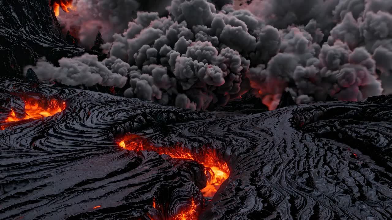 Dramatic low-angle video shot of molten lava flows and billowing smoke, capturing the raw power