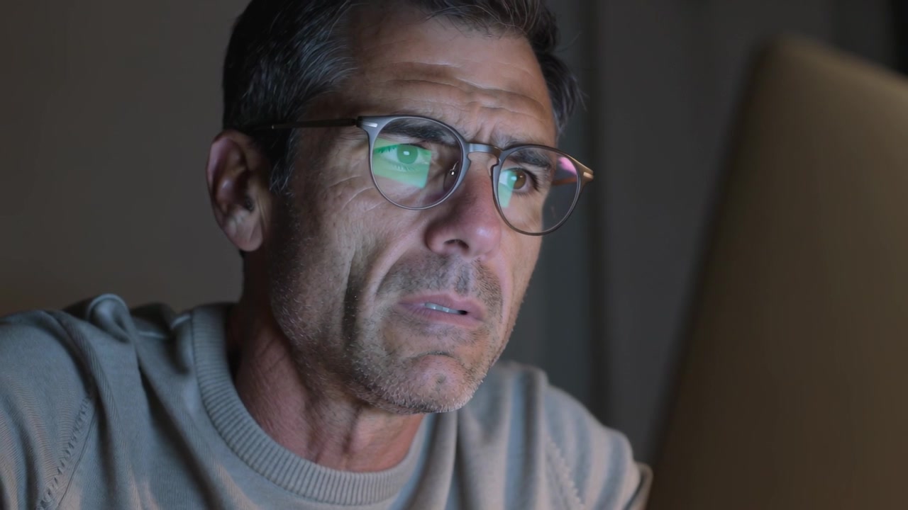 Leaning man with glasses reading laptop after blue glow at home office, reaching toward keyboard