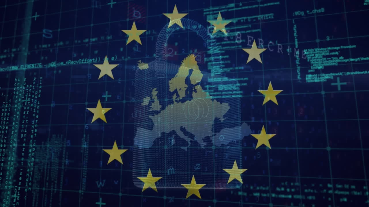 Animazione di un lucchetto, elaborazione dati e bandiera dell'UE