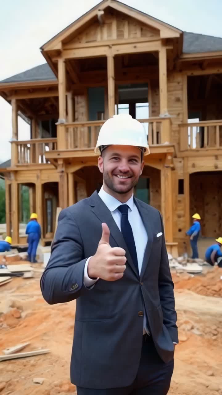 Businessman in front of new wooden house under construction