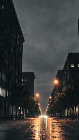streetlights casting a warm glow over an empty city street at night, with rain falling softly and creating shimmering reflections on the wet asphalt, evoking a serene and tranquil atmosphere