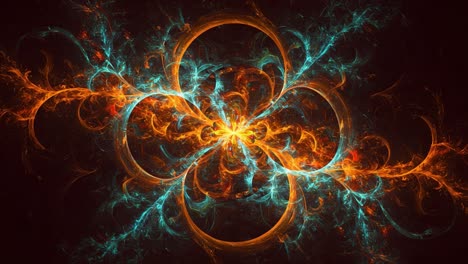a captivating display of fractal art: vivid swirls of orange and blue emerge from the dark background, creating a stunning visual experience in two unique frames
