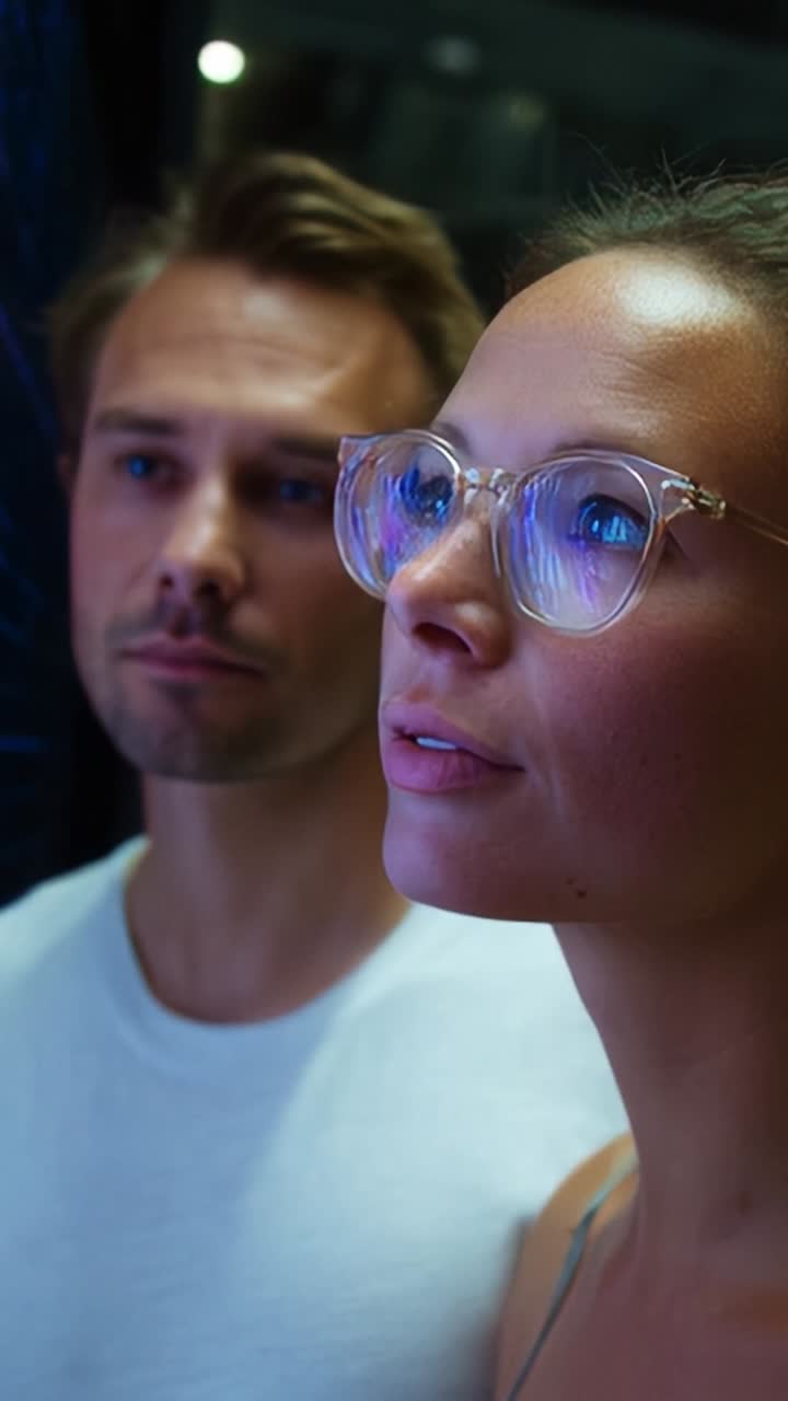 A captivated duo immersed in a mesmerizing experience, showcasing expressions of wonder and curiosity while engaging with vibrant visual elements around them