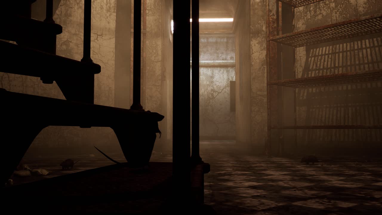 디스토피아의 파괴된 인테리어, 바닥과 계단에 잔해와, 3d 애니메이션, 애니메이션 장면, 카메라 리 오른쪽