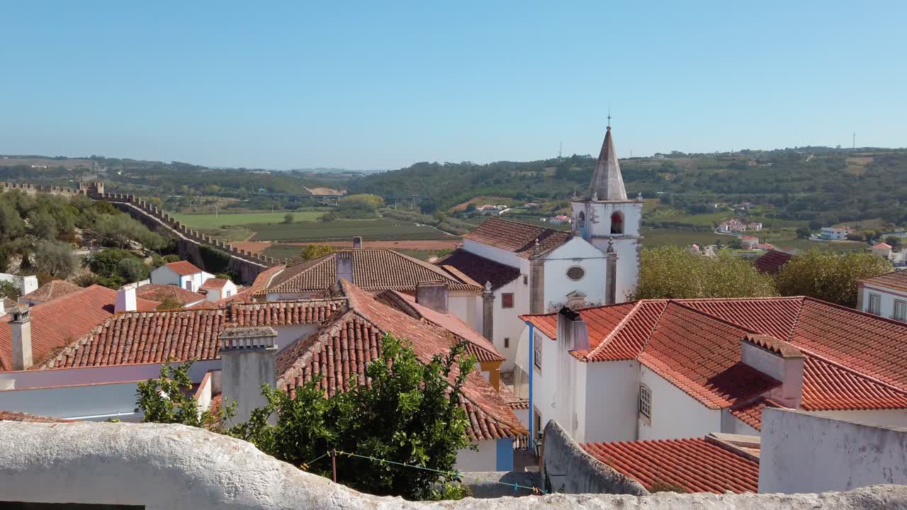 Panoramic view of the historical and medieval town of &Oacute;bidos, Portugal, on a sunny autumn day