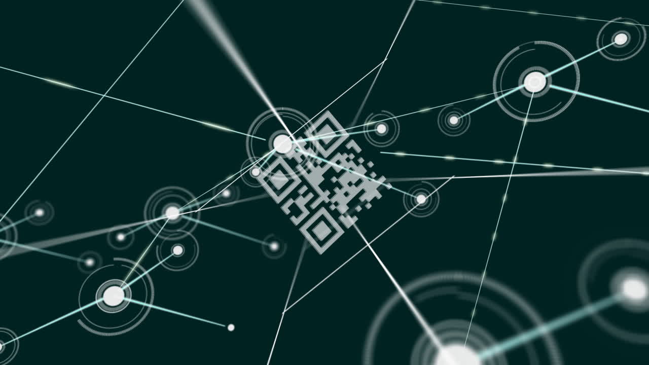 QR code and network connections animation over dark green background