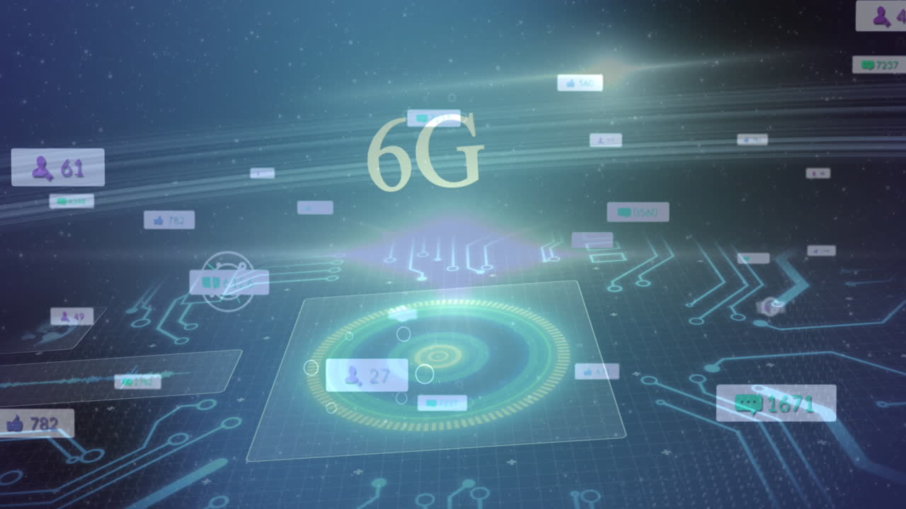 6g 텍스트의 애니메이션, 데이터 처리 및 범위 스캐닝에 대한 배너에 대한 소셜 미디어 아이콘