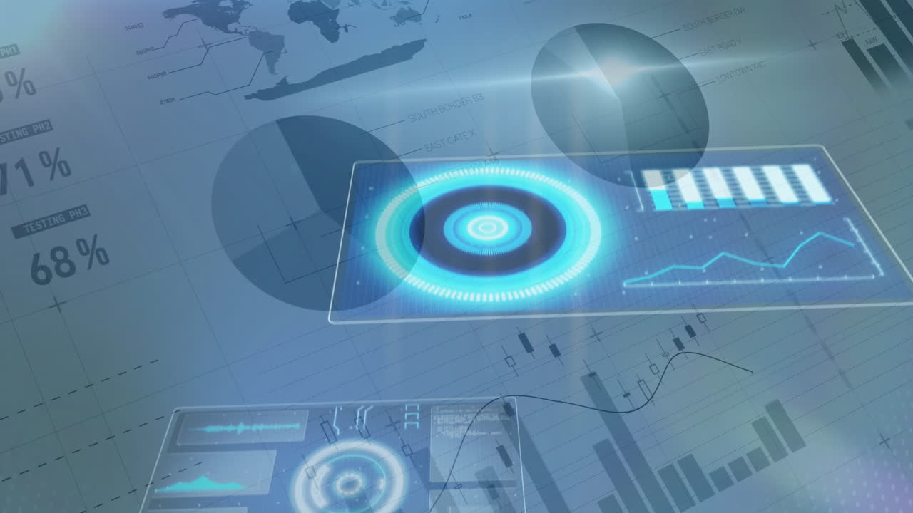 animación del escaneo del alcance y el procesamiento de datos financieros a través de pantallas y estadísticas