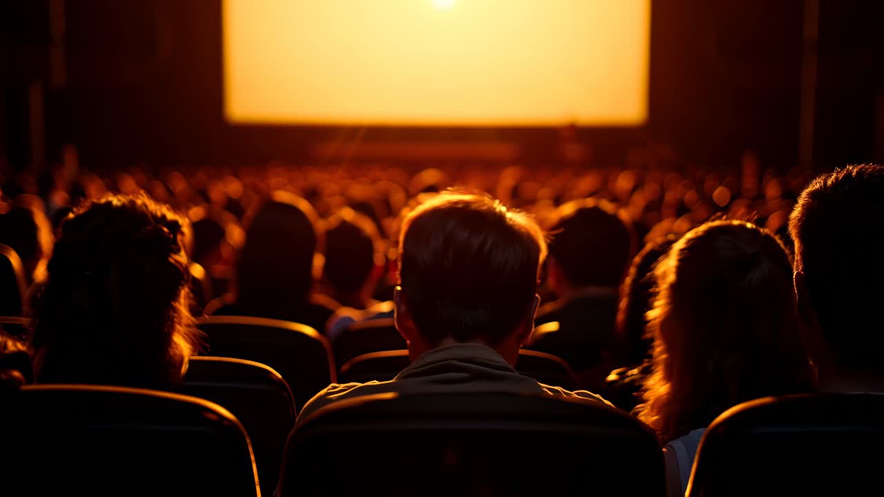 Back view of audience in a dimly lit theater watching a video