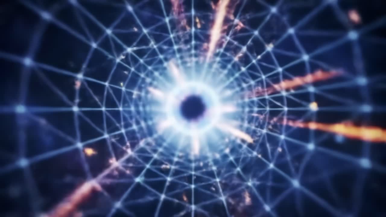 A mesmerizing journey through a digital vortex, revealing a network of interconnected lines and vibrant energy emanating from a central point, creating a visual symphony of light and motion.