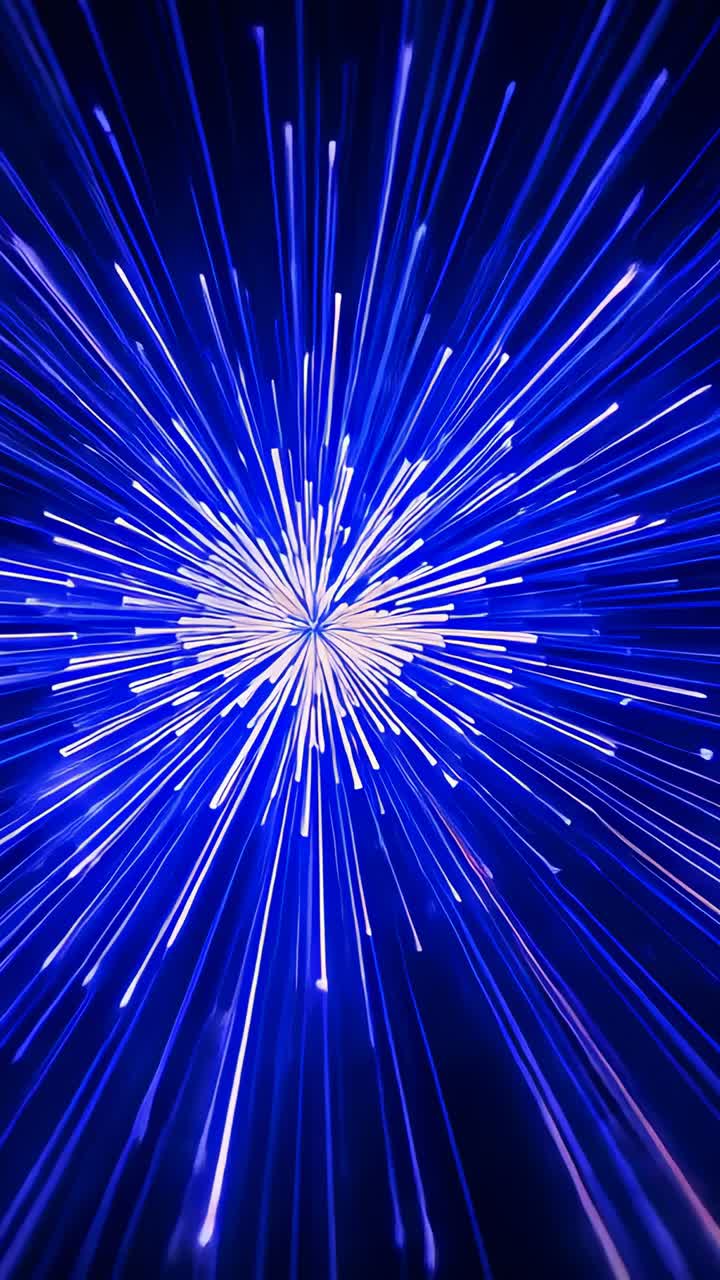 Vertical video: Radiating blue light burst elongating rays during exposure in dark space, warm core