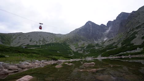 cable car traveling up to lomnica peak, view over skalnate pleso