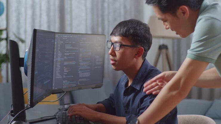 Two programmers collaborating on code at a home office.