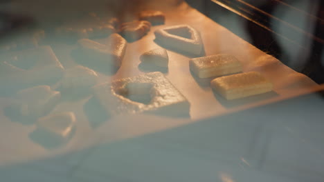 galletas doradas de diferentes formas horneadas en un horno, vistas a través del vidrio del horno, con una cálida luz dorada que las ilumina, creando una atmósfera de horneado acogedora e invitante