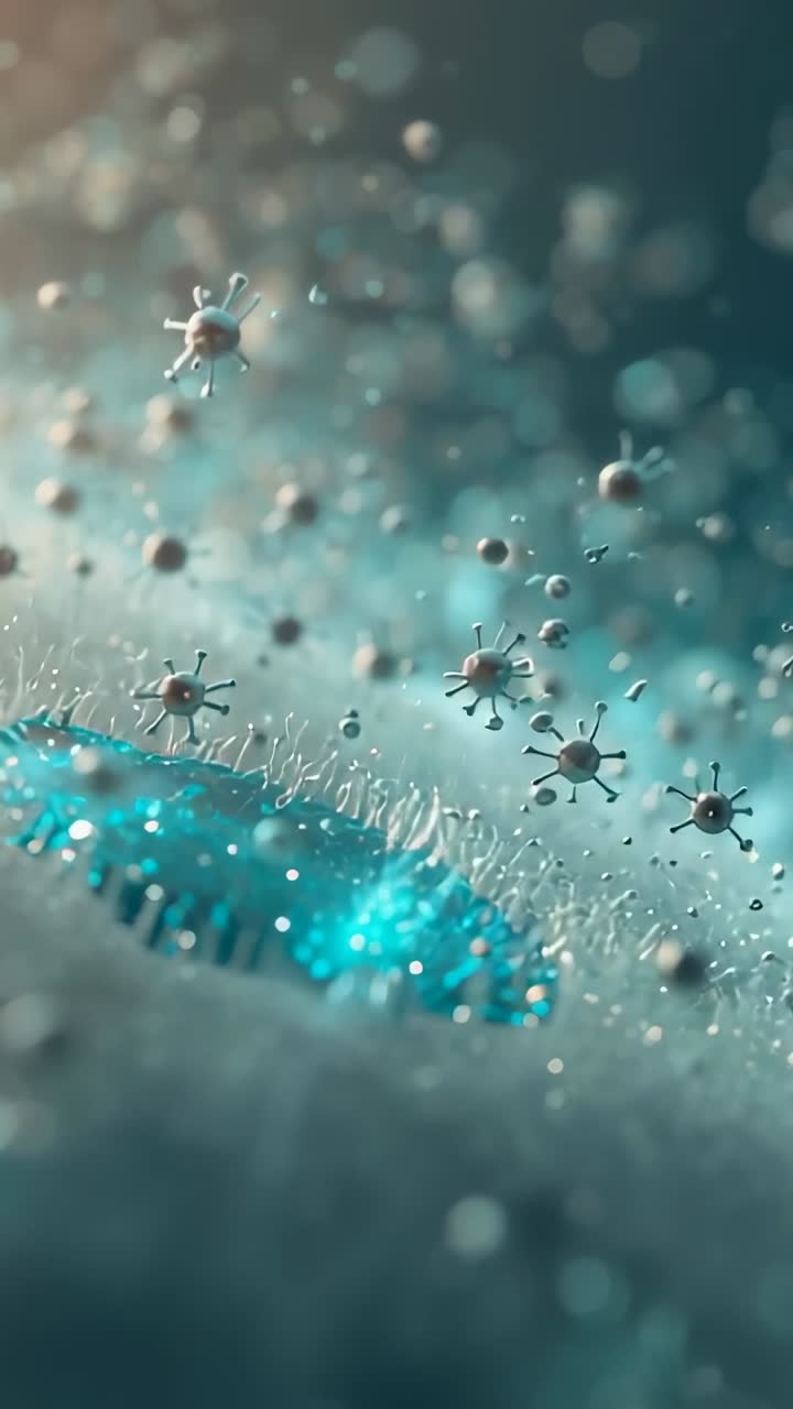 縦型動画：繊毛膜にウイルス粒子を押し込み、ターコイズ色の細孔に侵入させる穏やかな流れ